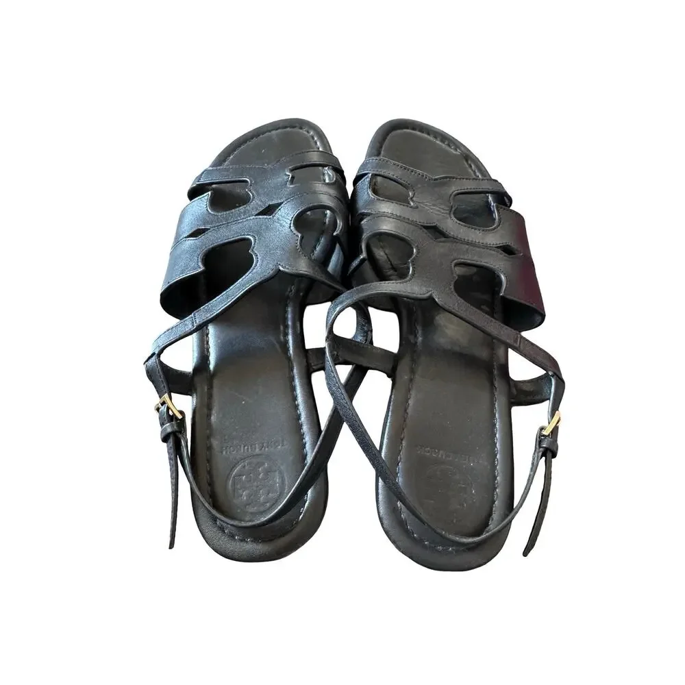 Tory Burch Serif Sandal 9.5 Black Vegan Leather w Box Dust Bag Slingback Sandals